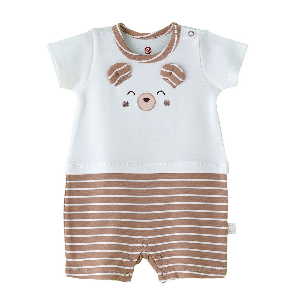 Elegant Kids - Boys' Bear Face Striped Cotton Romper With 3D Ears - Brown