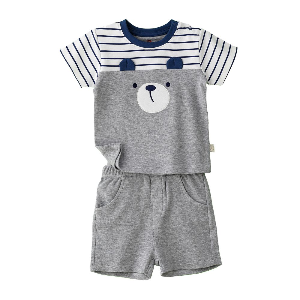 إليجانت كيدز - طقم تي شيرت مخطط بطبعة وجه دب وشورت رمادي محبوك للأولاد - رمادي