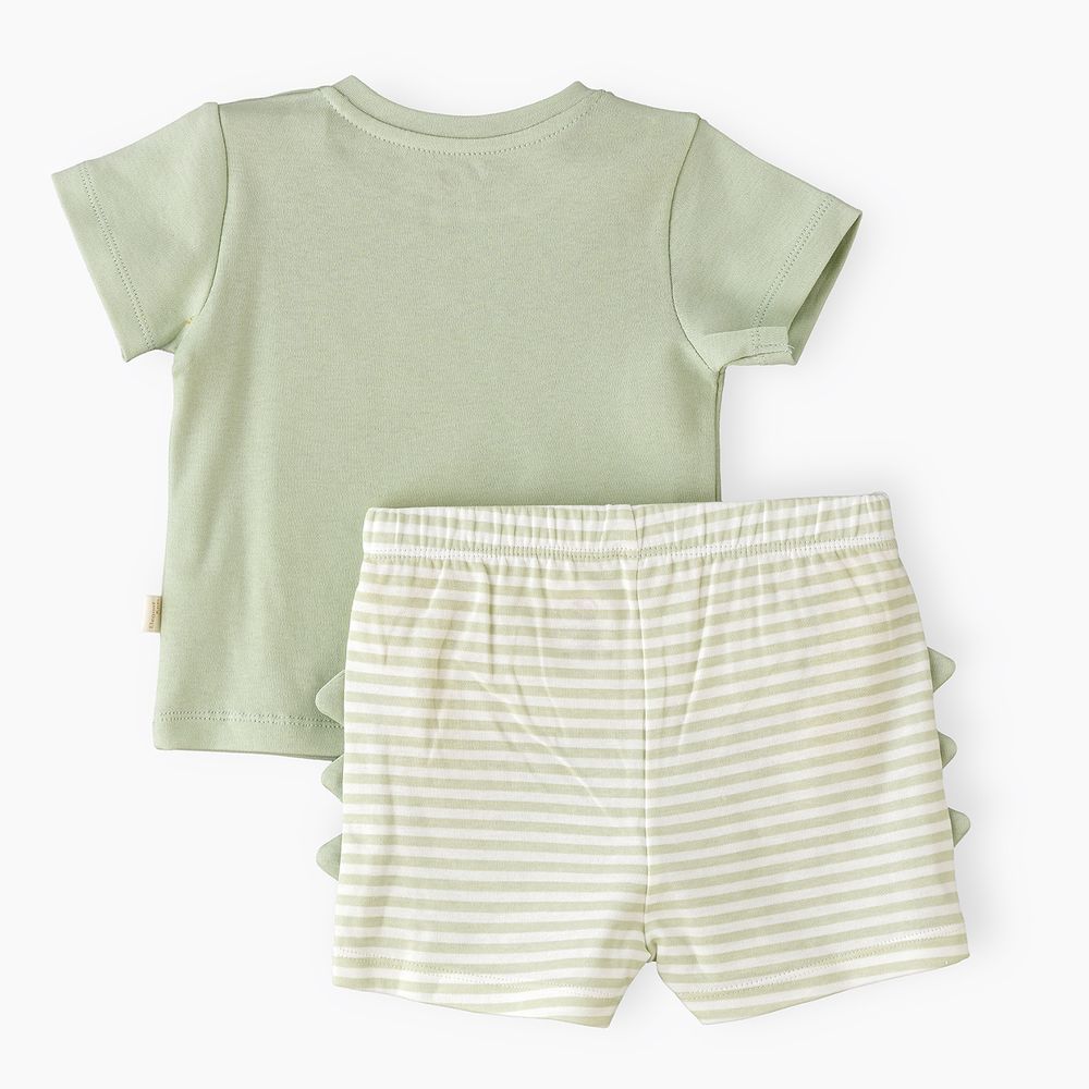 إليجانت كيدز - طقم تي شيرت بطبعة نمر وشورت مخطط بظهر ديناصور للأولاد - أخضر