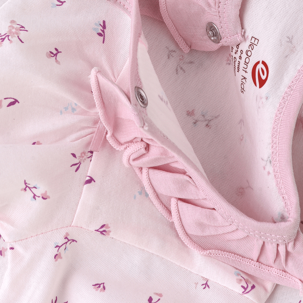 Elegant Kids - Girls' Floral Printed Ruffle Collar Sleepsuit With Snap Closure - Pink
