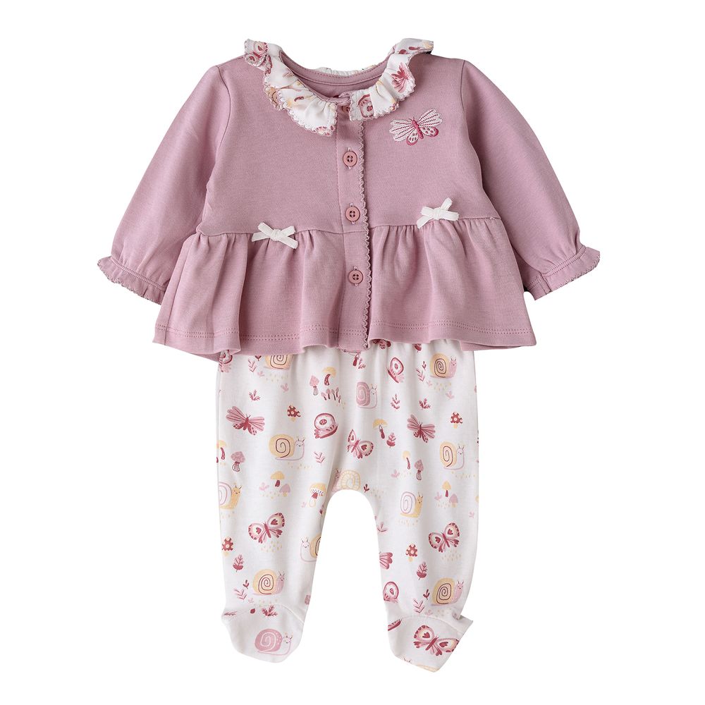 Elegant Kids - Girls' Long Sleeve Layered Collar Romper With Peplum Cardigan - Pink