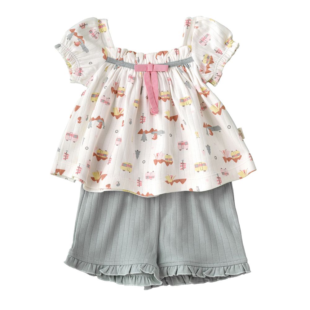 Elegant Kids - Girls Camping Print Top And Ribbed Knit Shorts Set - Grey