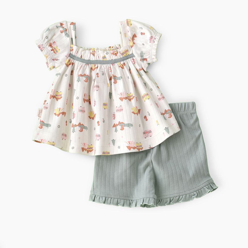 Elegant Kids - Girls Camping Print Top And Ribbed Knit Shorts Set - Grey