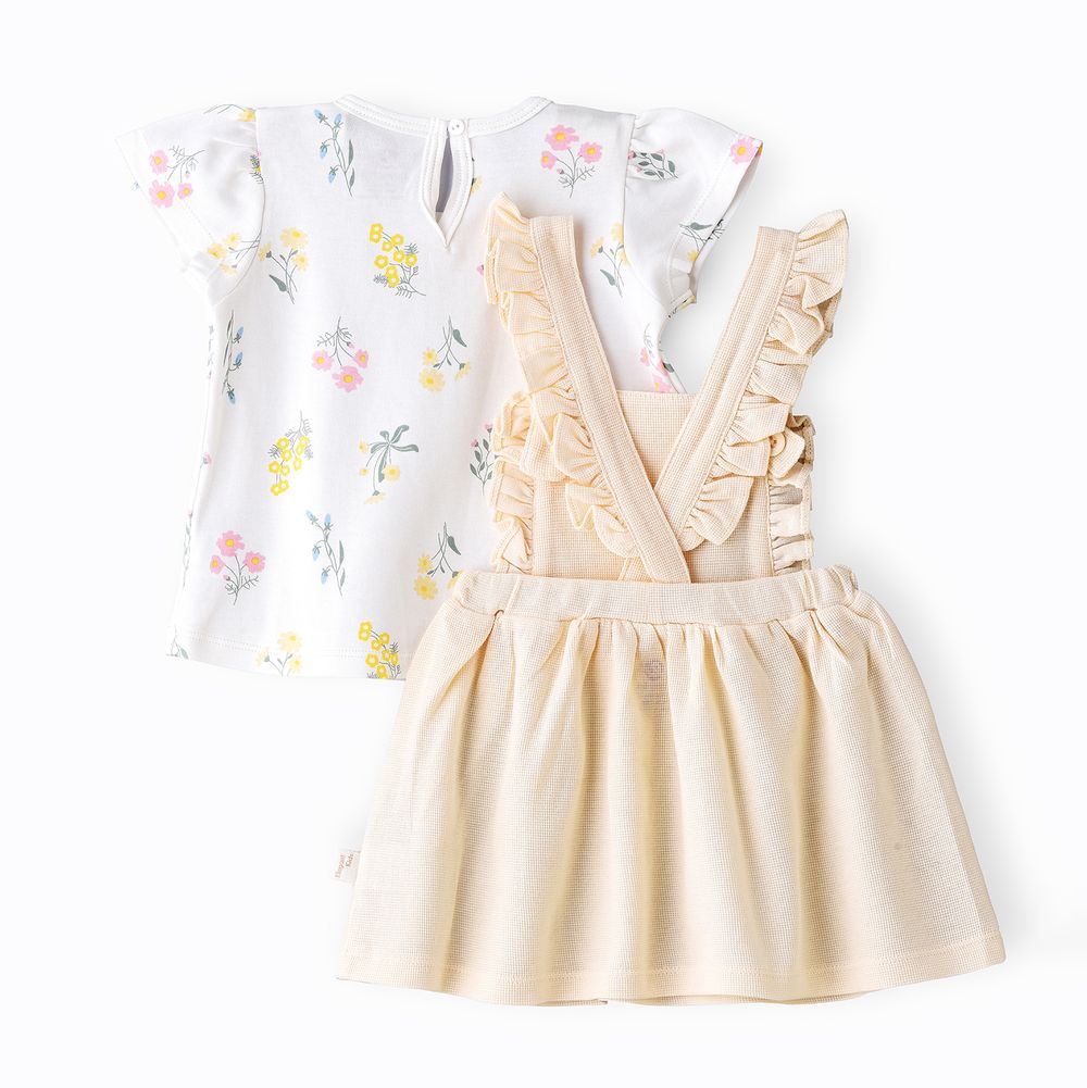 Elegant Kids - Girls Bunny Embroidered Dungaree Dress With Floral Tee Set