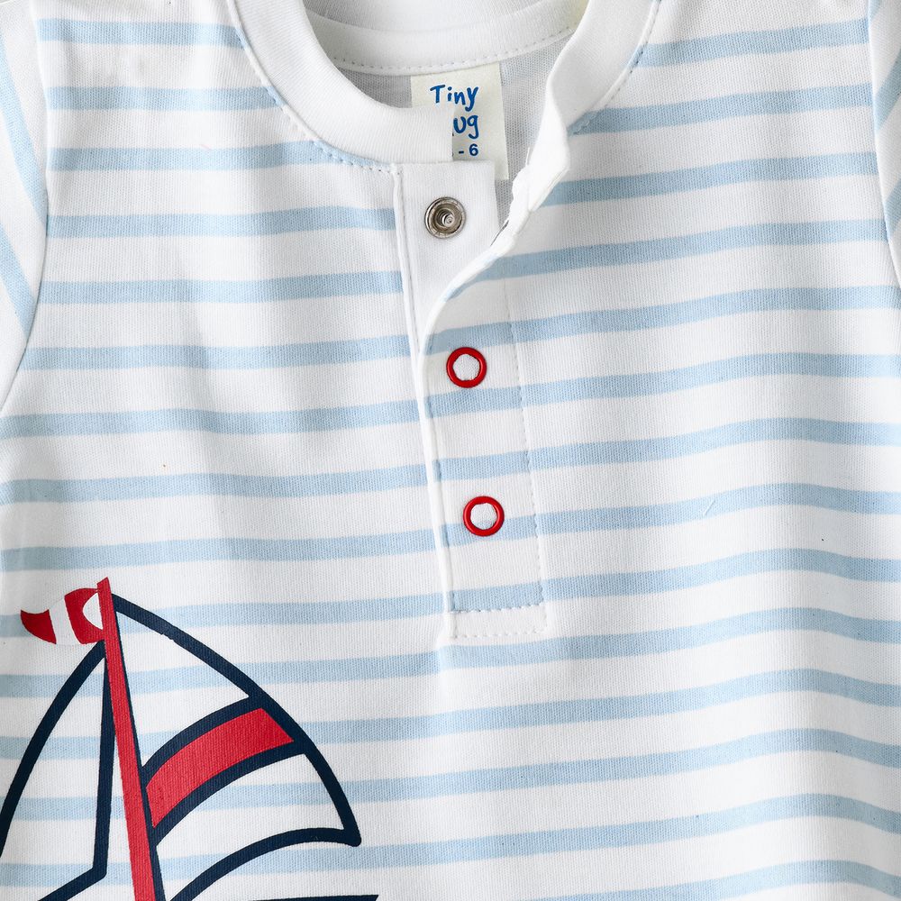 Tiny Hug - Baby Boy Onesie - Blue Striped Sailboat