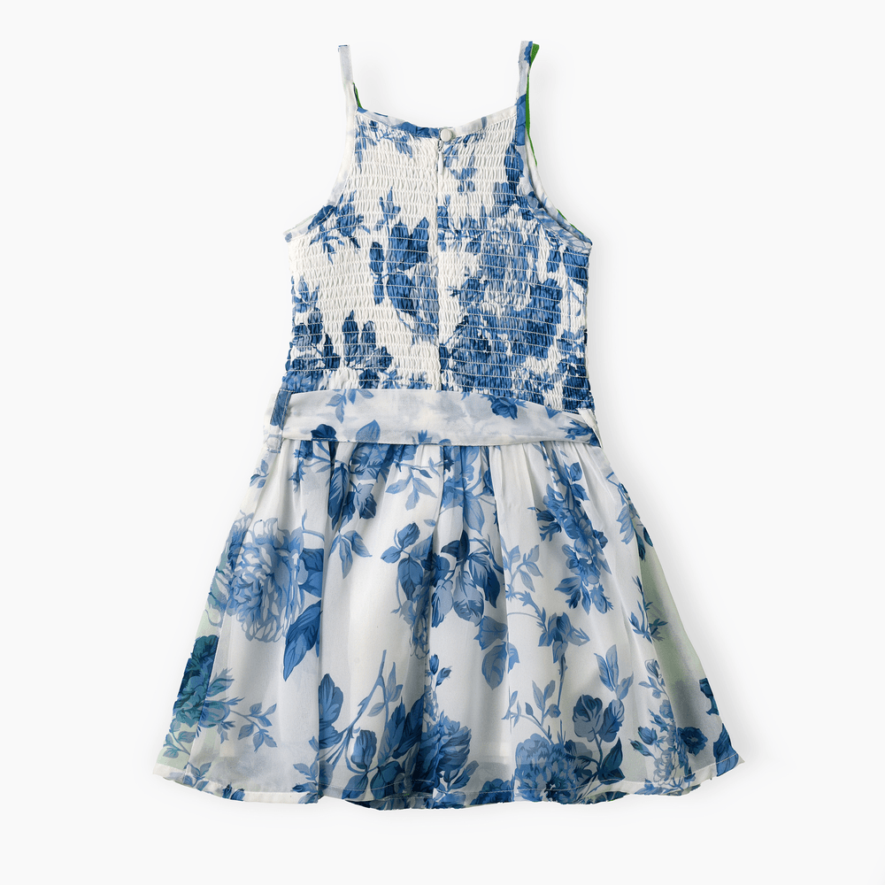 جيلين - فستان حفلات مورد بحزام للبنات - أبيض/أزرق