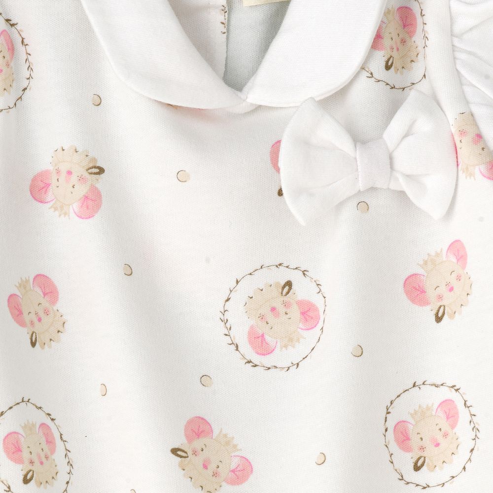 Tiny Hug - Baby Girl White Mice Ruffled Coverall - White