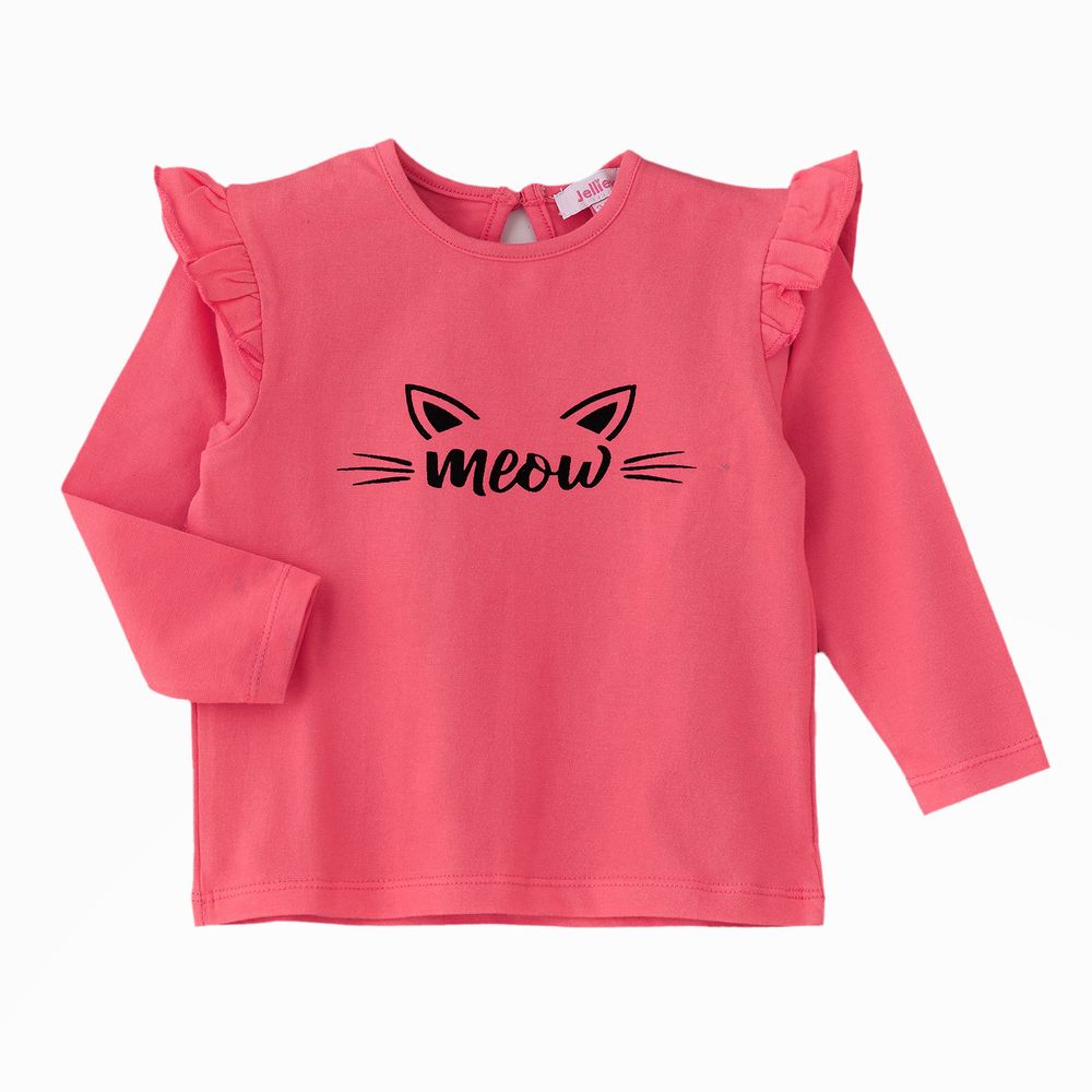 جيلين - تيشيرت محبوك كم طويل بكشكش للبنات - زهري