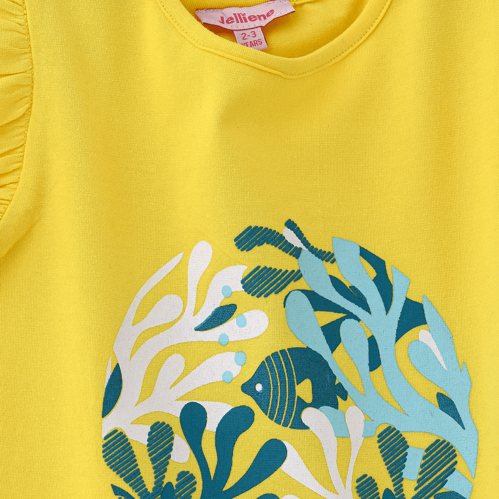 Jelliene - Girl's Leafy Circle Cotton T-Shirt - Yellow