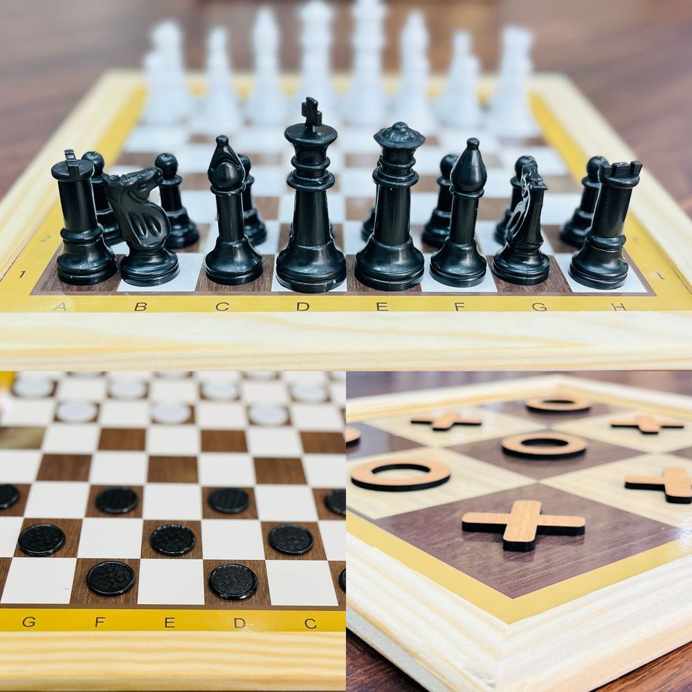 توي أفير - لعبة شطرنج خشبية 3 في 1، لعبة الداما ولعبة إكس أو - متعددة الألوان