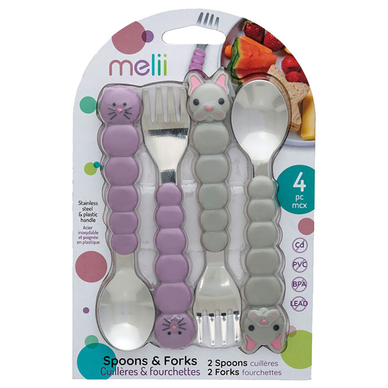 ميلي - أدوات المائدة - قطة بنفسجية وكلب بولدوغ رمادي - 4 قطع