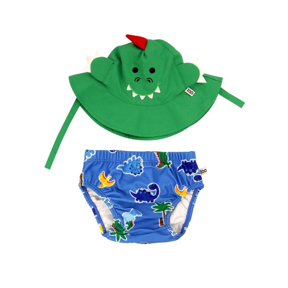 Zoocchini - 2pc-Set - Baby Boys' Swim Diaper & Sun Hat - Devin The Dino & Friends