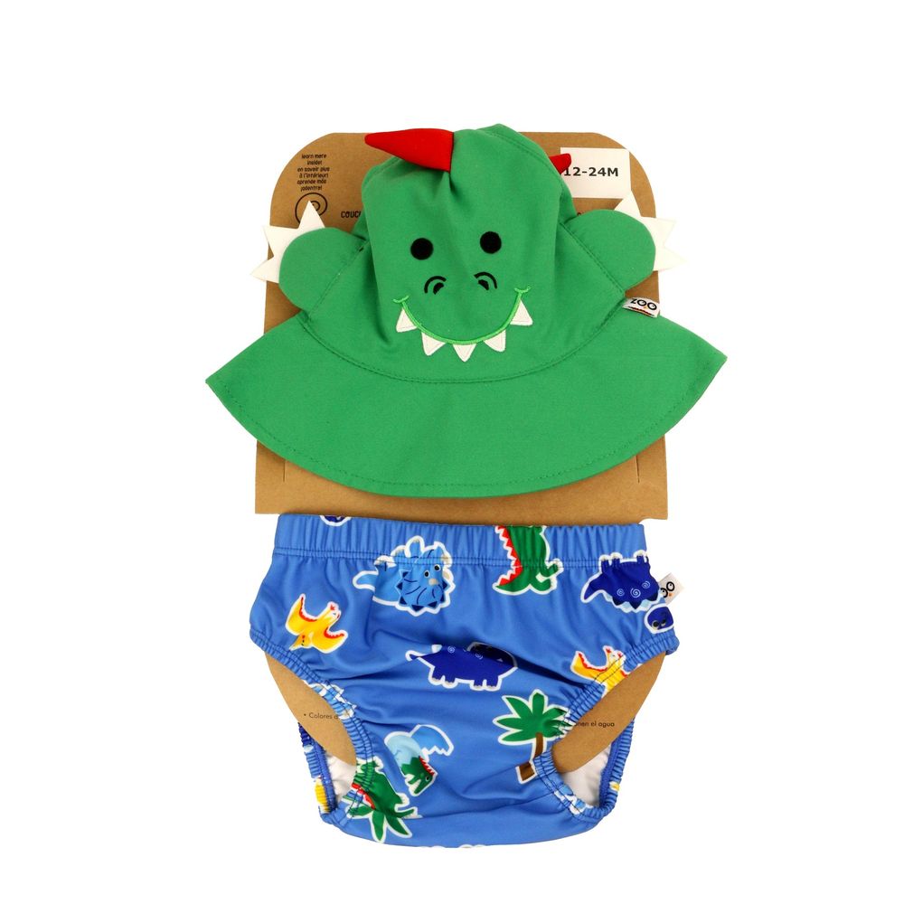 Zoocchini - 2pc-Set - Baby Boys' Swim Diaper & Sun Hat - Devin The Dino & Friends