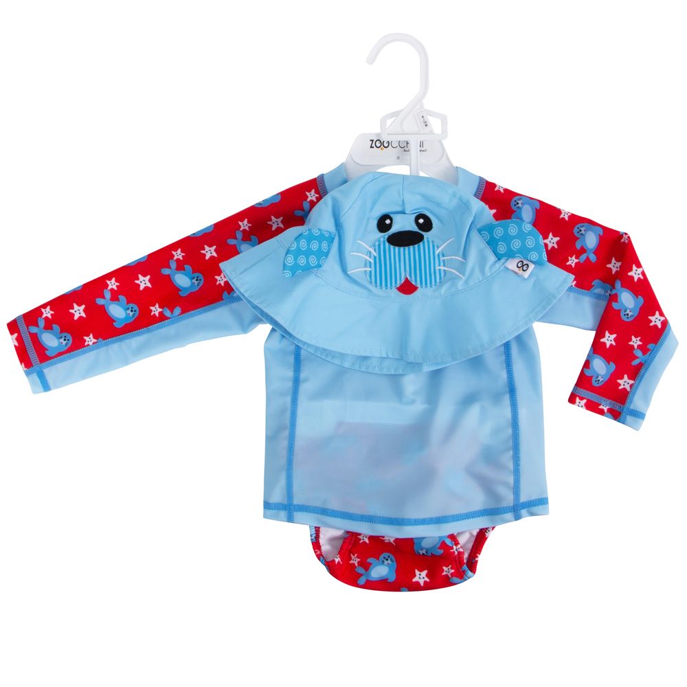 Zoocchini - Baby Swim Set – Rash Guard Top, Swim Diaper & Sun Hat - Seal