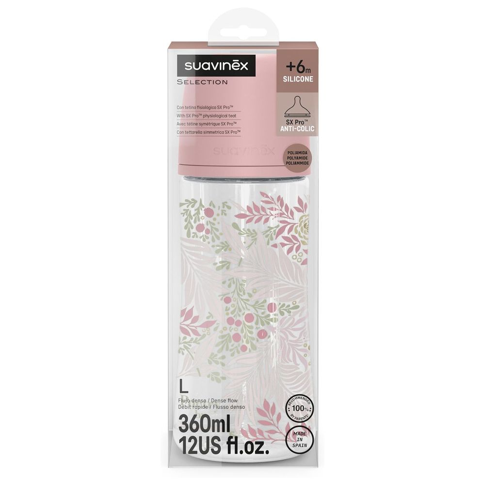 سوافينيكس- رضّاعة أطفال  بويتري بلاستيك ب ايه  360 مل +6 أشهر مع حلمة سيليكون فسيولوجية اس اكس برو  DF (L) - وردي