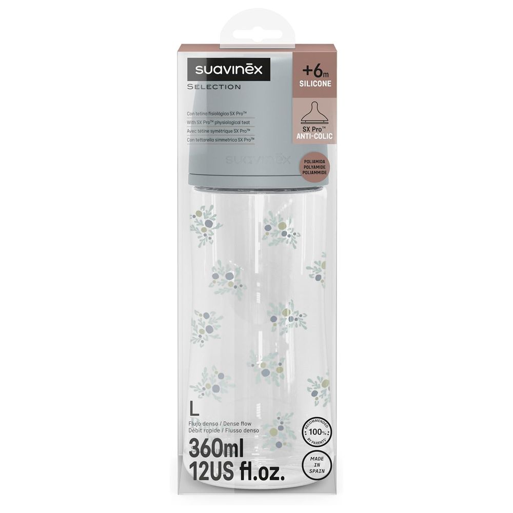 سوافينيكس- رضّاعة أطفال  بويتري بلاستيك ب ايه  360 مل +6 أشهر مع حلمة سيليكون فسيولوجية اس اكس برو  DF (L) - أزرق