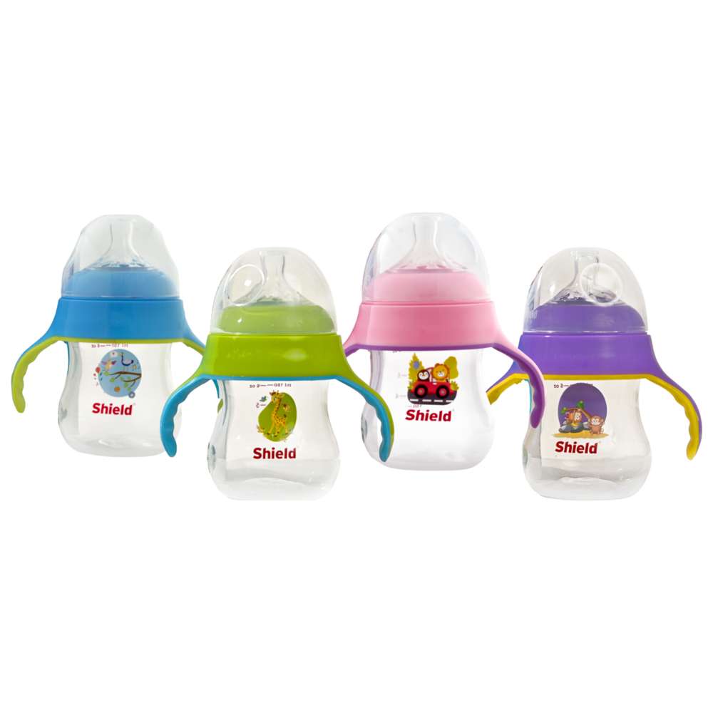 Shield Baby - PP Wide Neck Feeding Bottle With Handle - 180 ml - Color May Vary - 1 Pc