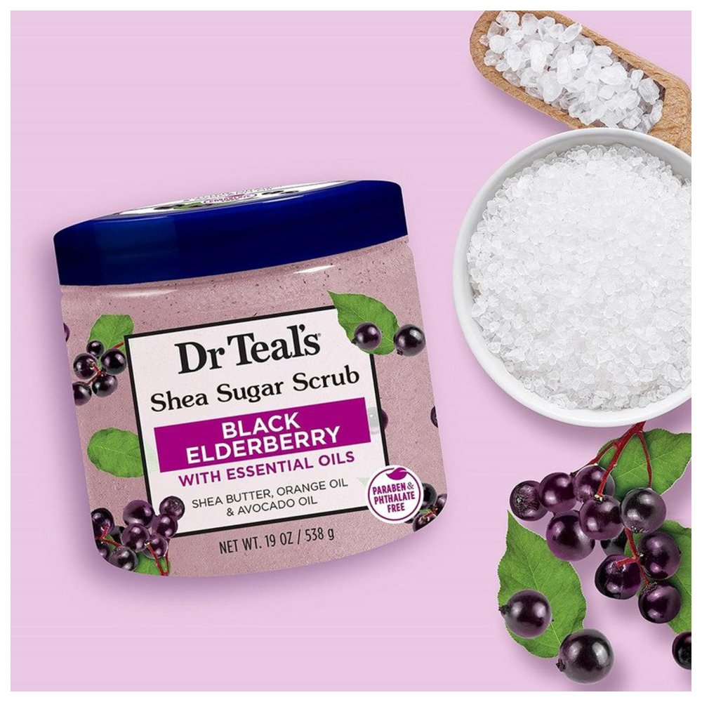 مقشر الجسم بزبدة الشيا والسكر من دكتور تيلز - توت العليق الأسود - 538 جم