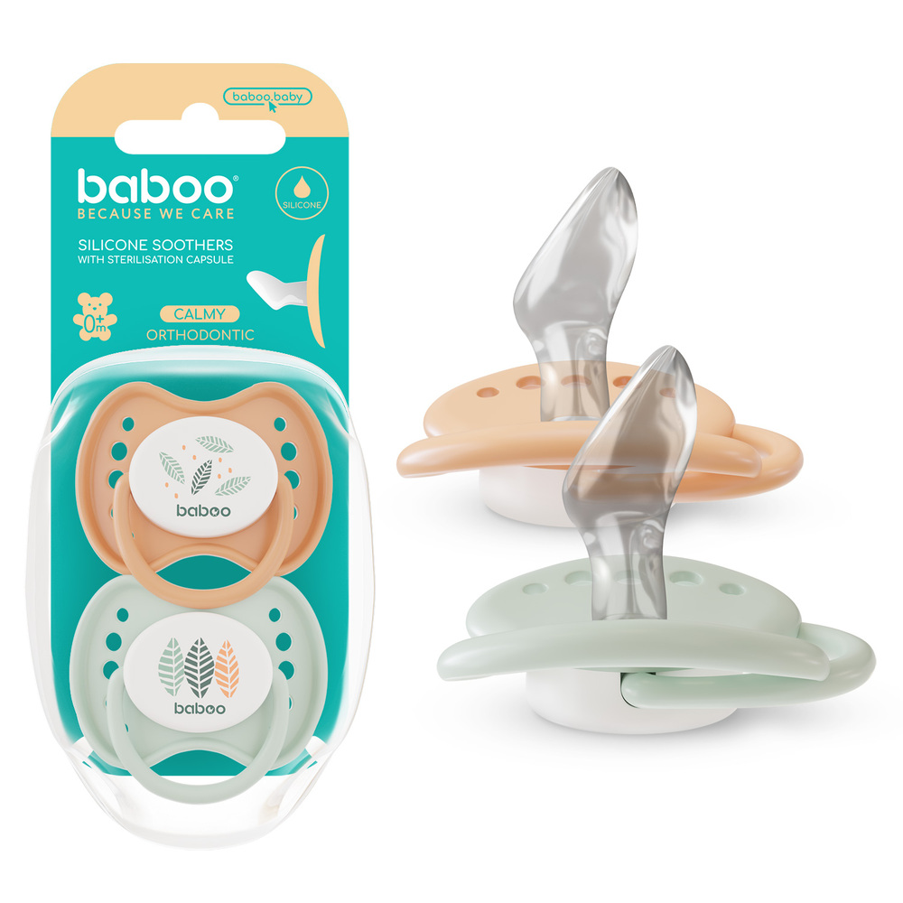 Baboo - Silicone Orthodontic Baby Pacifier With Sterilizer Box - Peachy Keen - +0m - 2pcs
