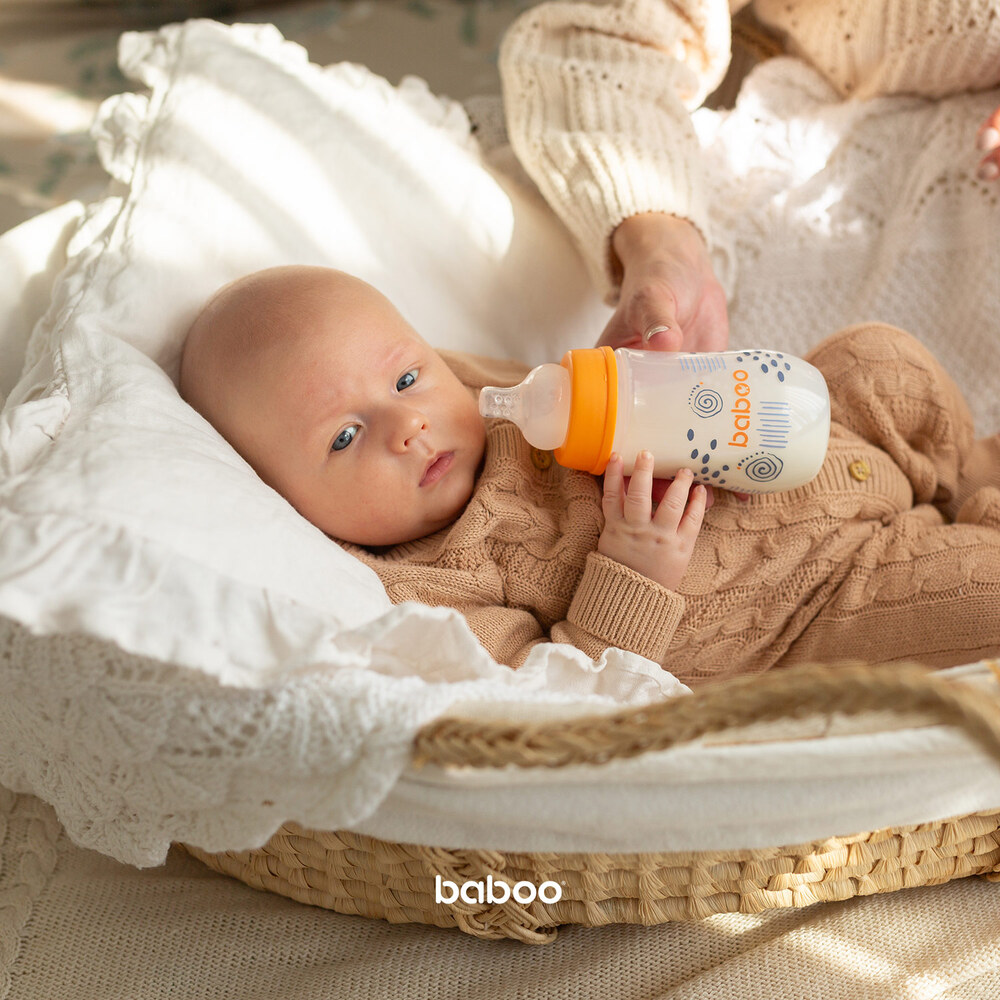 بابو - رضّاعة مضادة للمغص ذات عنق عريض - برتقالي - عبوة من 3 قطع - 250 مل
