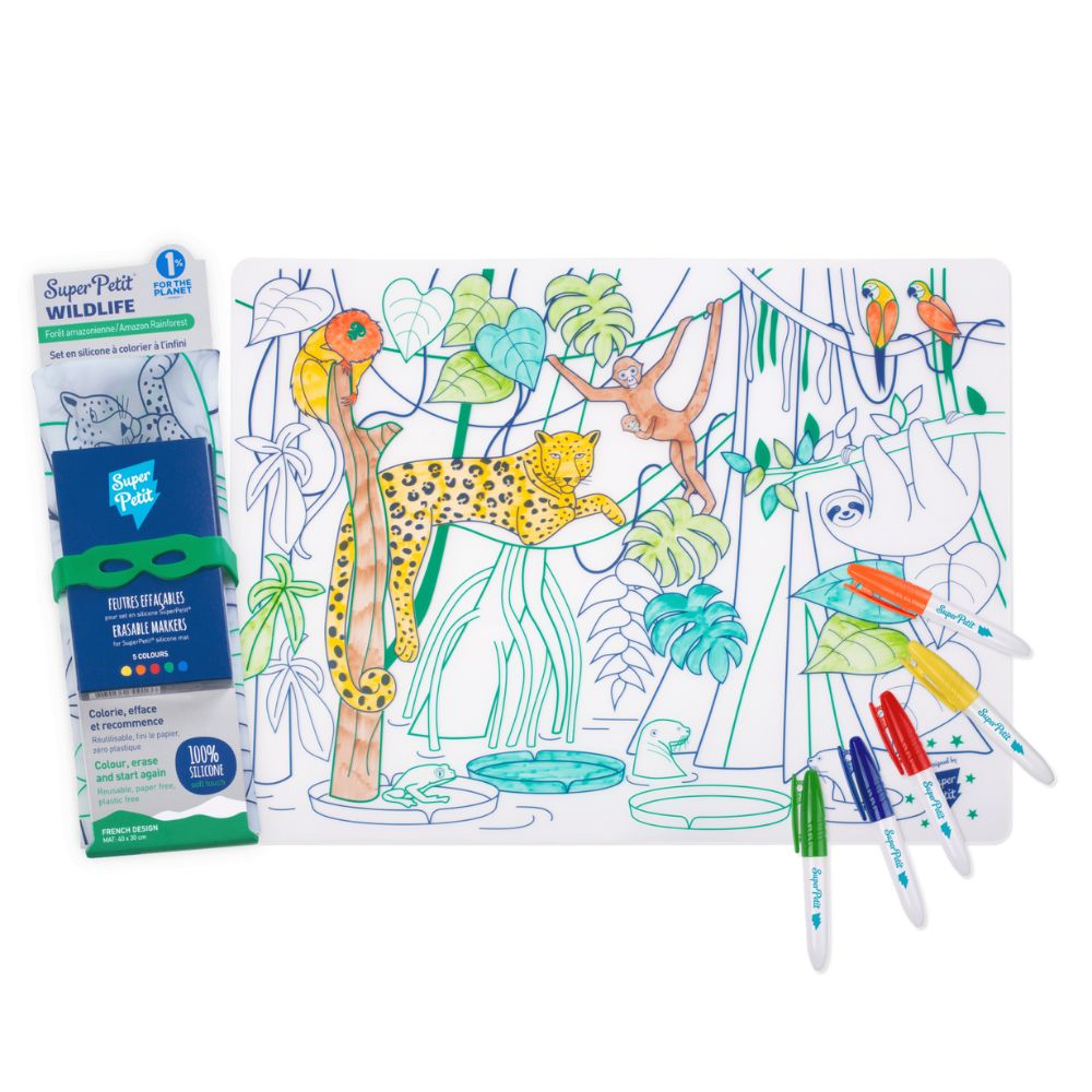 Super Petit - Amazonian Rainforest Colouring Playmat With Wristband & Markers - 5 Pcs