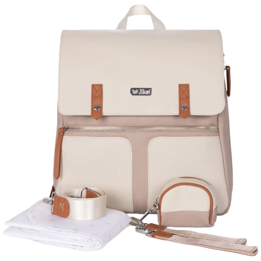 Jikel - Loomi Diaper Backpack With Changing Mat & Pacifier Case Set - Sandstone Beige - 5 Pcs
