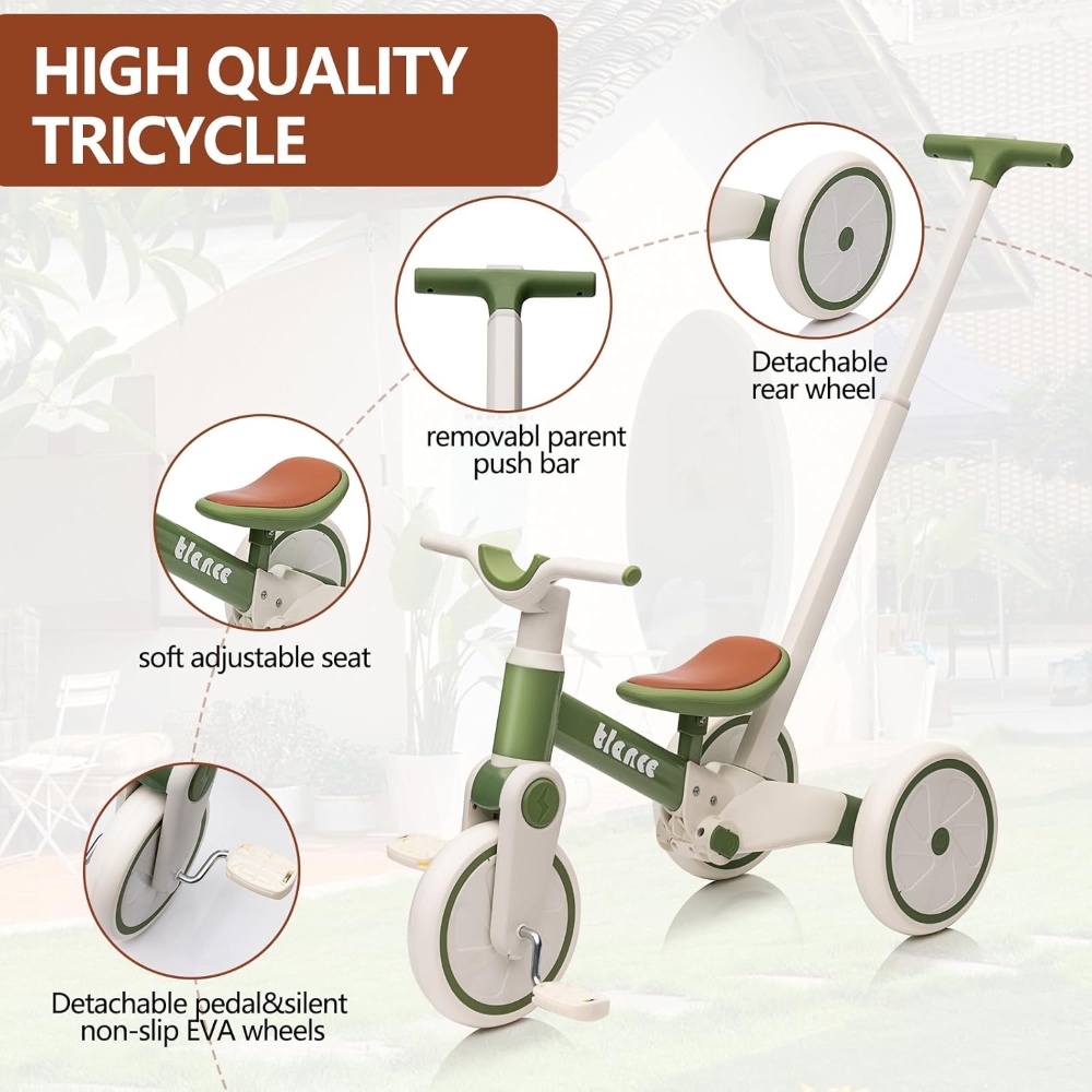 فاكتشوال تويز - دراجة توازن للأطفال 3 في 1 مع دواسات قابلة للإزالة وطول عصا دفع قابل للتعديل - للأولاد والبنات - أخضر