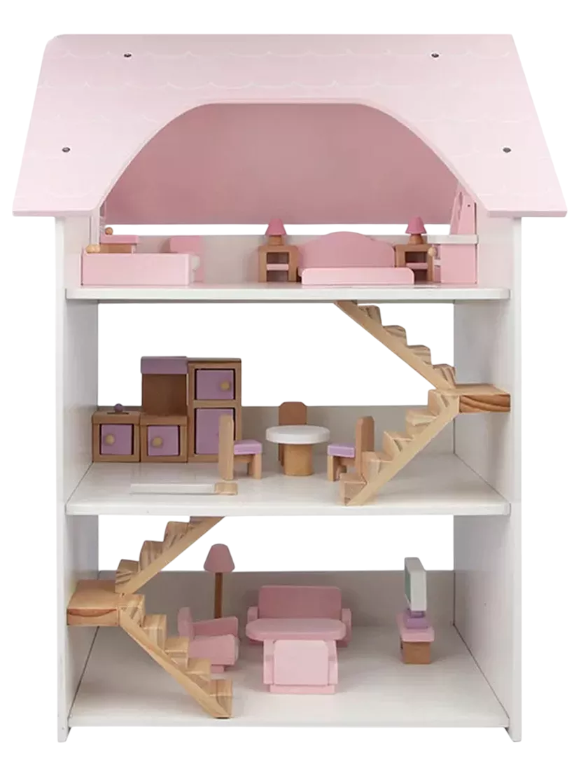 فاكتشوال تويز - منزل دمى خشبي للأطفال من ثلاثة طوابق - وردي