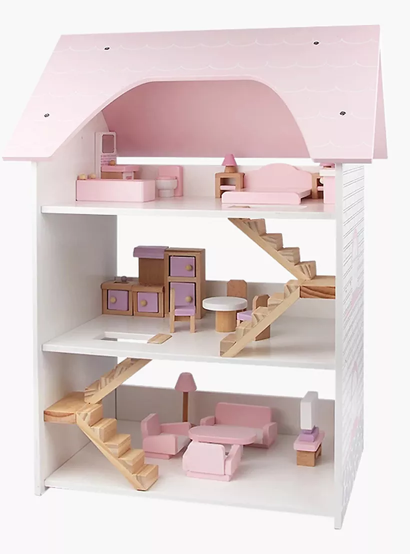 فاكتشوال تويز - منزل دمى خشبي للأطفال من ثلاثة طوابق - وردي
