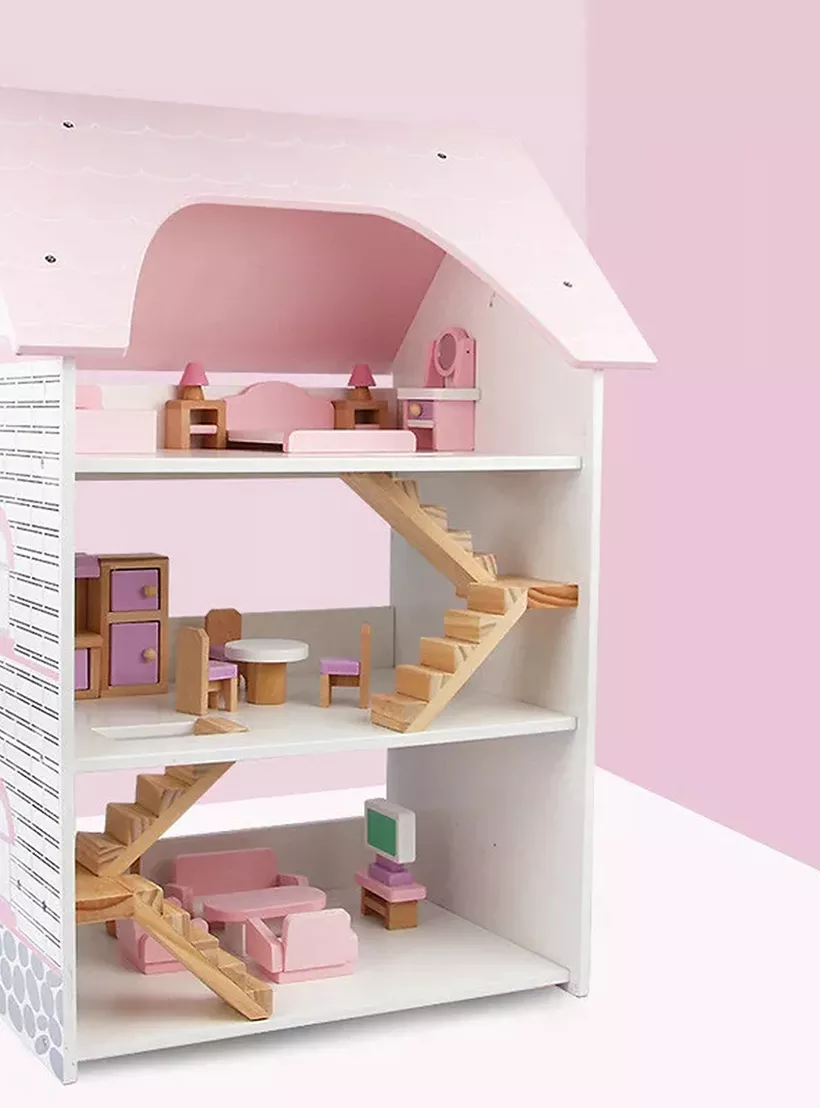 فاكتشوال تويز - منزل دمى خشبي للأطفال من ثلاثة طوابق - وردي