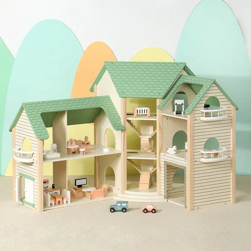 فاكتشوال تويز - بيت الدمية الخشبي للأطفال - أخضر