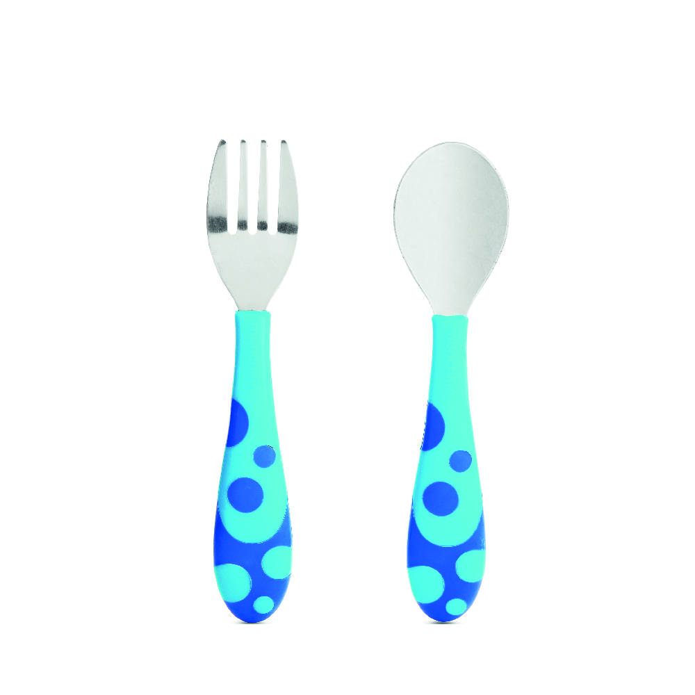 مانشكين - شوكة وملعقة للأطفال لعمر 12 شهر فما فوق- أزرق - عدد 2