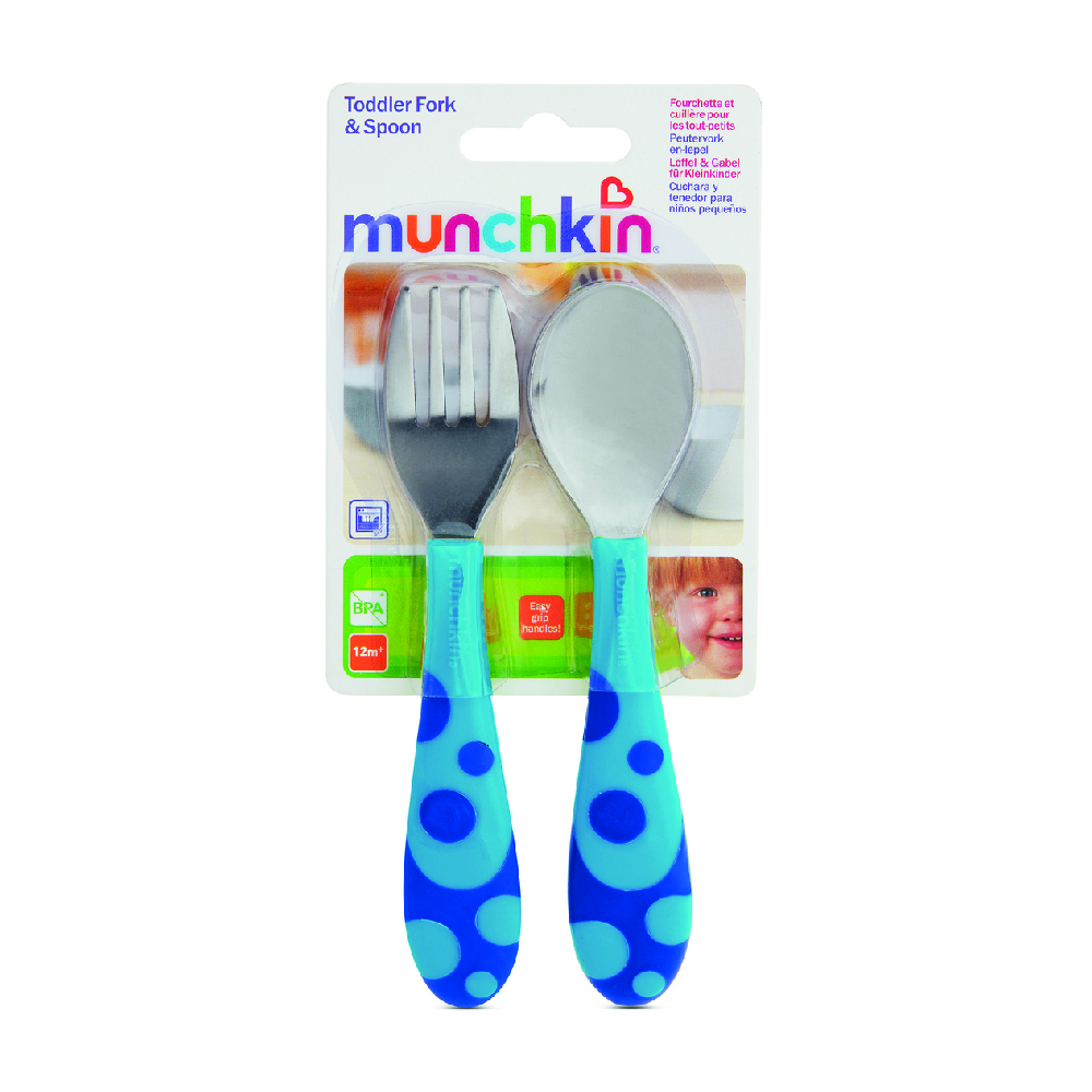 مانشكين - شوكة وملعقة للأطفال لعمر 12 شهر فما فوق- أزرق - عدد 2