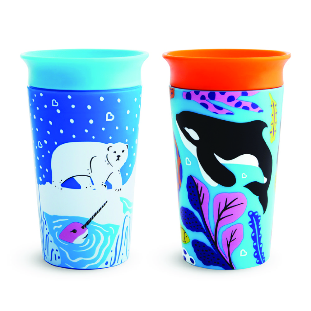 مونشكين - كوب وايلد لوف ميراكل 360 درجة للأطفال بعمر 12 شهرًا + عبوتين (دب قطبي/حوت أوركا) - 266 مل