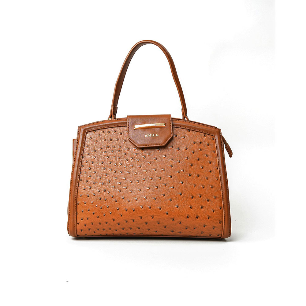 Amica - Beronia Ostrich Textured Leather Satchel Handbag - Tan