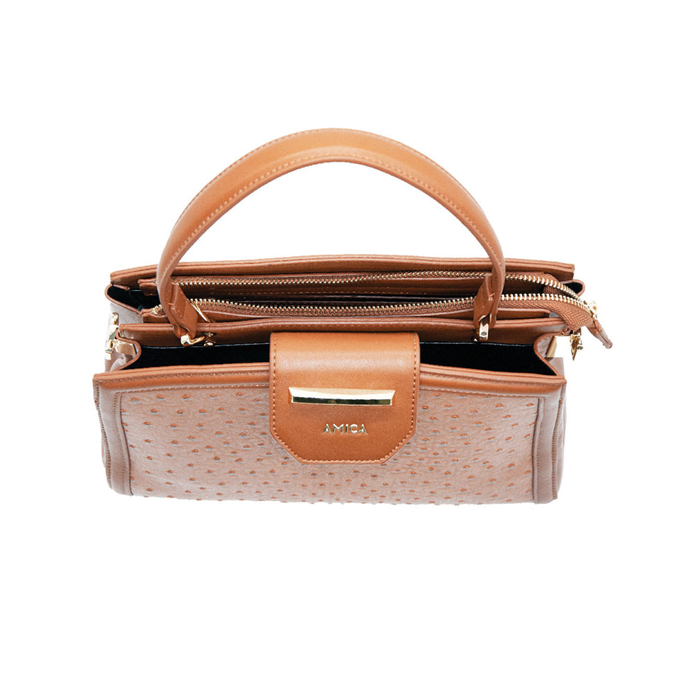 Amica - Beronia Ostrich Textured Leather Satchel Handbag - Tan
