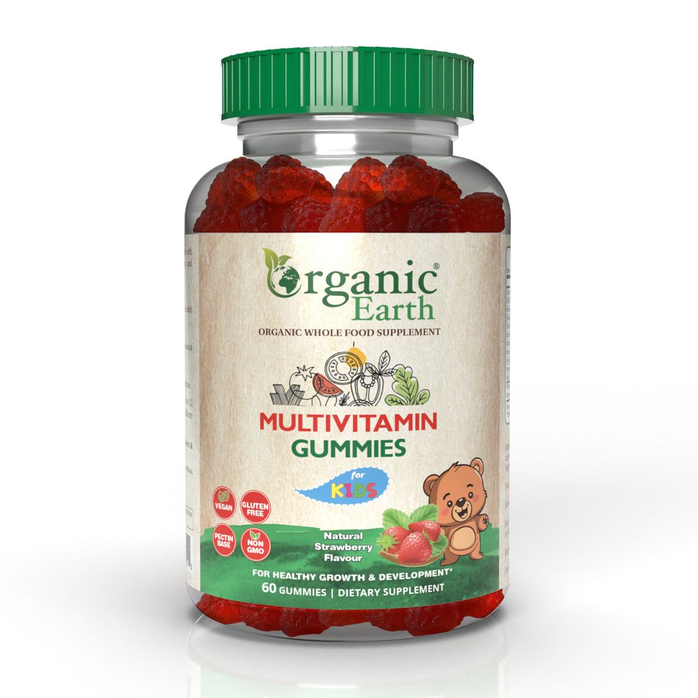 أورجانيك إيرث - فيتامينات ومعادن متعددة للأطفال - بنكهة الفراولة الطبيعية - خالية من الغلوتين - نباتية - 60 حبة حلوى جيلاتينية