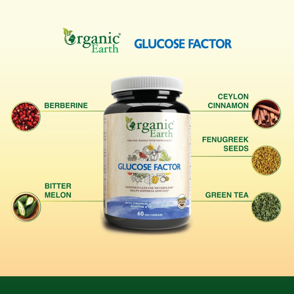 Organic Earth - Glucose Factor - To Support Metabolism - With Chromium - Alpha Lipoic Acid Berberine & Organic Herbs - 60 Veg Capsules