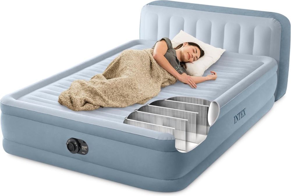 انتكس - سرير هوائي من الفرو قابل للنفخ مع مسند رأس -كوين - رمادي