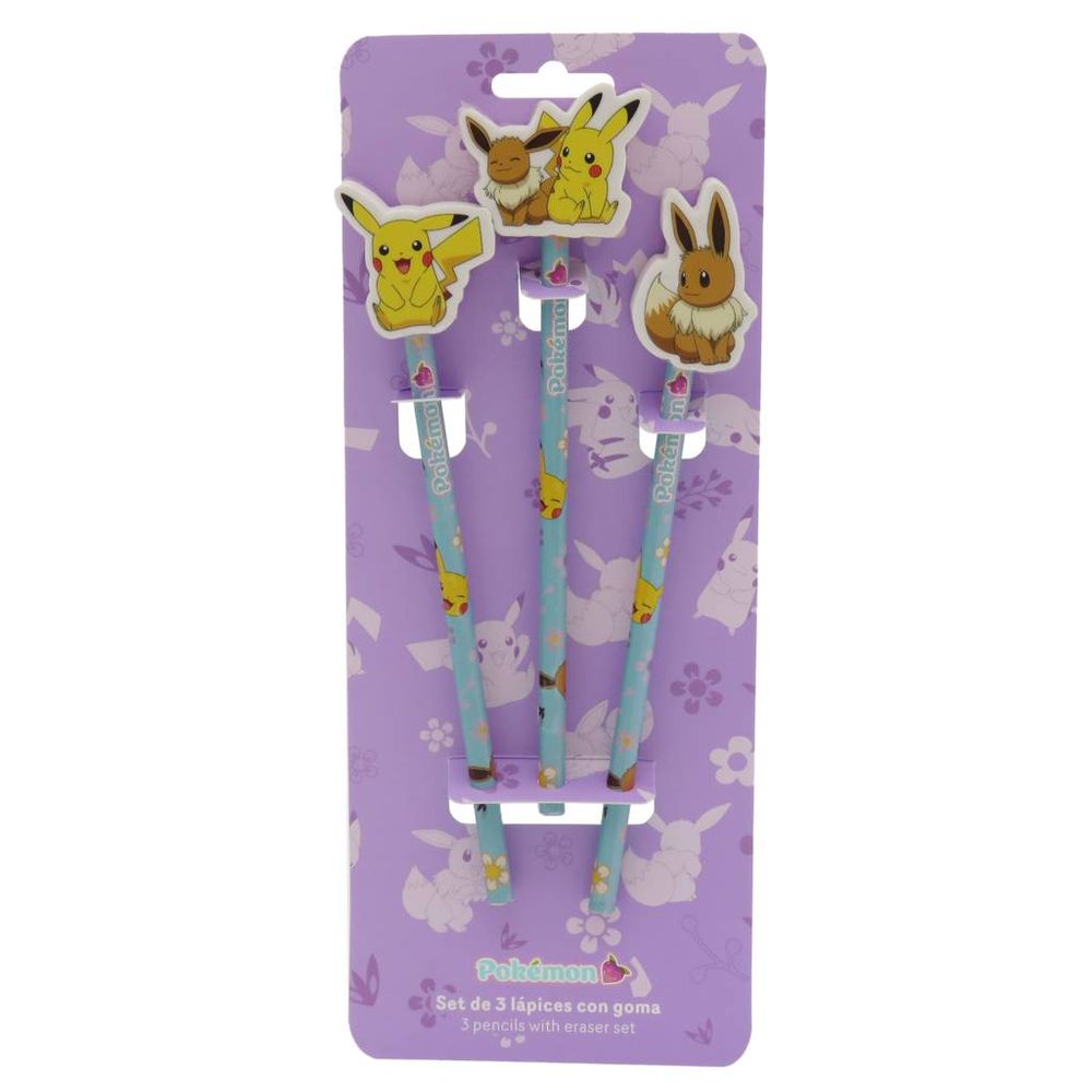 Pokemon - Pencils With Eraser Topper - Flowers Collection - 3 Pcs