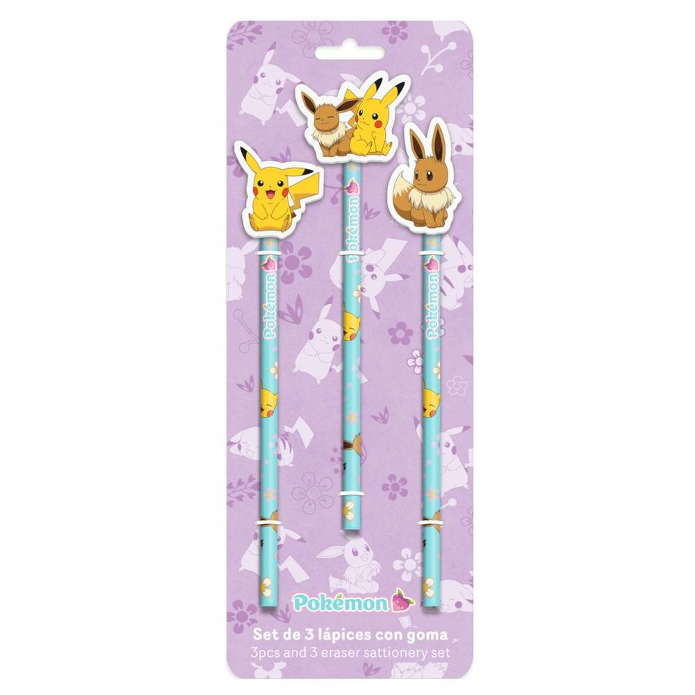 Pokemon - Pencils With Eraser Topper - Flowers Collection - 3 Pcs