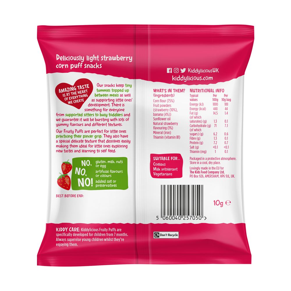 Kiddylicious - Strawberry Fruity Puffs - Pack Of 6