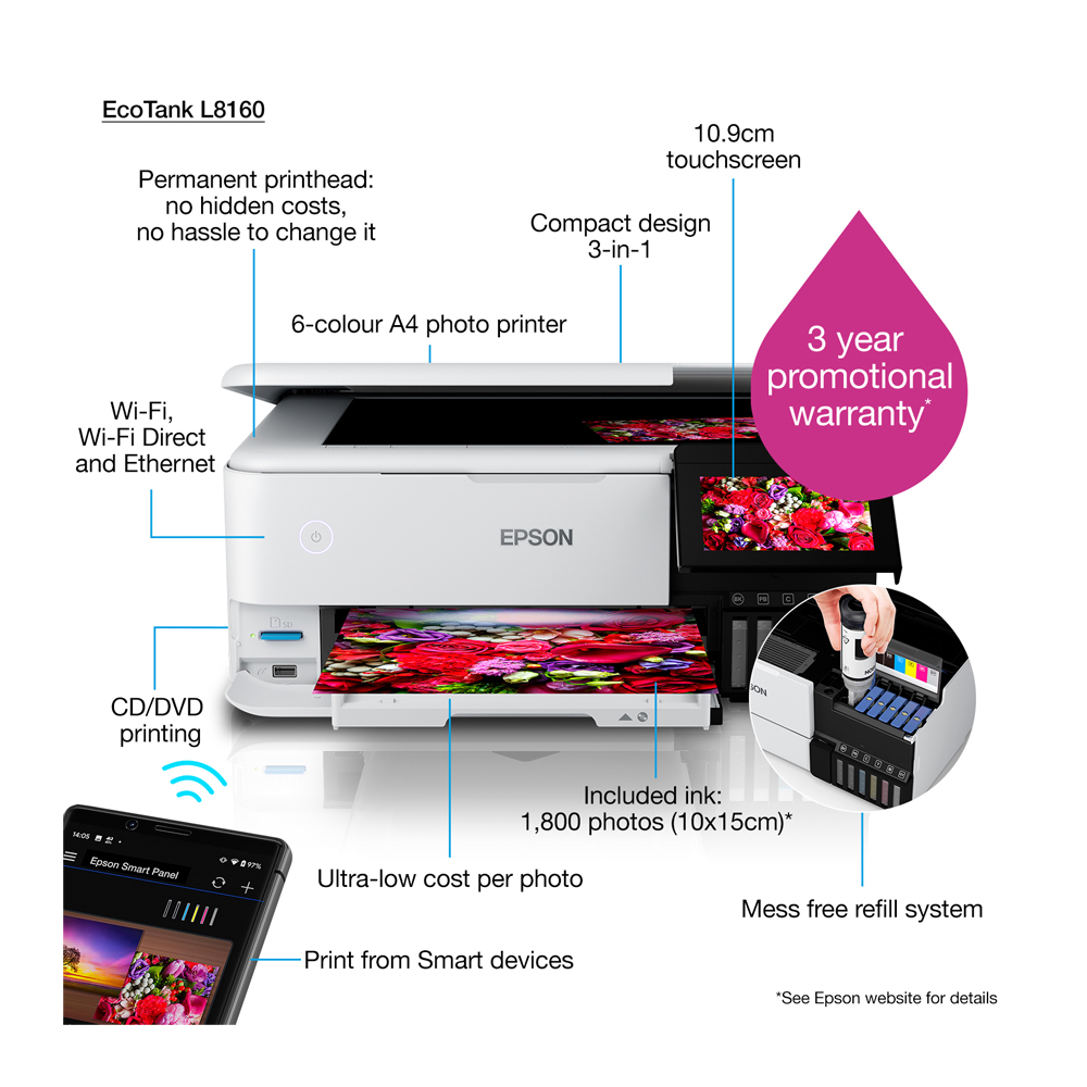 إبسون - طابعة صور 3 في 1 L8160 A4 مع اتصال WiFi - أبيض