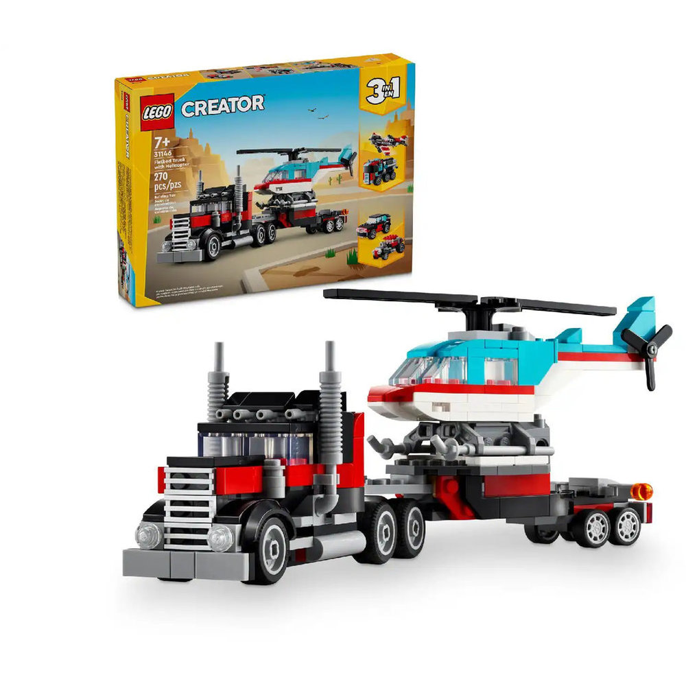 Lego - 3-In-1 Flatbed Truck With Helicopter Building Set - 270 Pcs