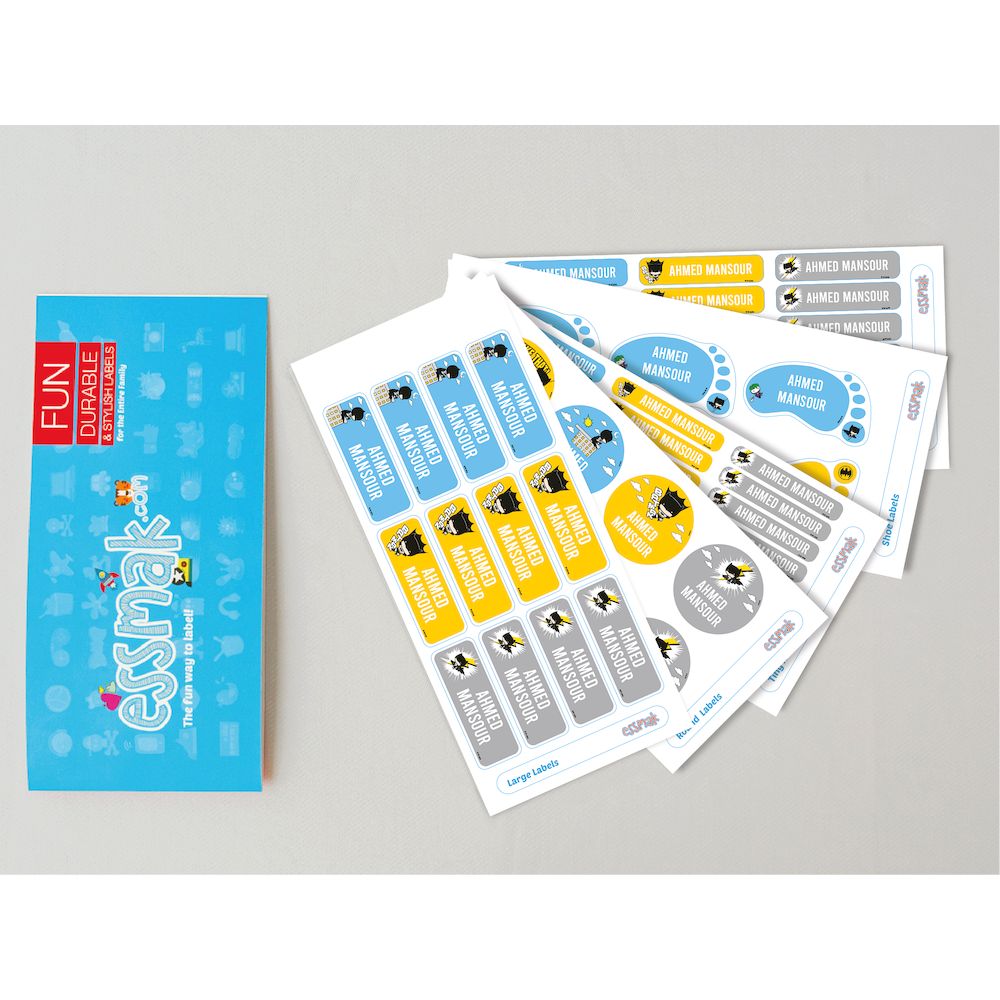 Essmak - Personalised Batman Labels - Blue/YelloWithGrey - 74pcs