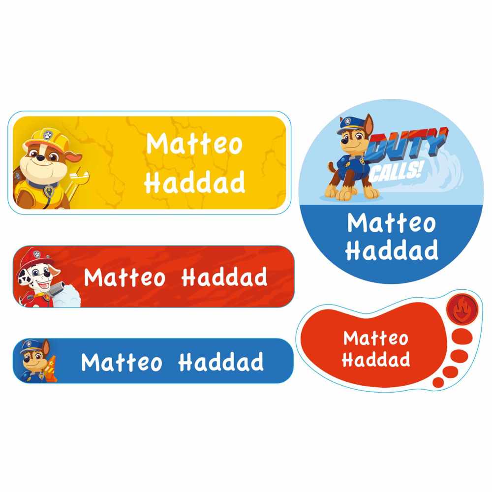 Essmak - Personalised Paw Patrol Labels - Red/Blue/Yellow - 74 Pcs