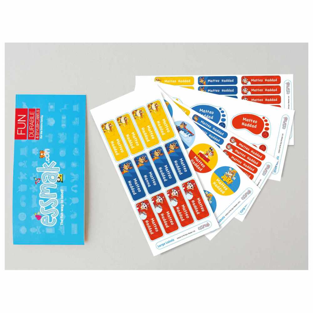 Essmak - Personalised Paw Patrol Labels - Red/Blue/Yellow - 74 Pcs