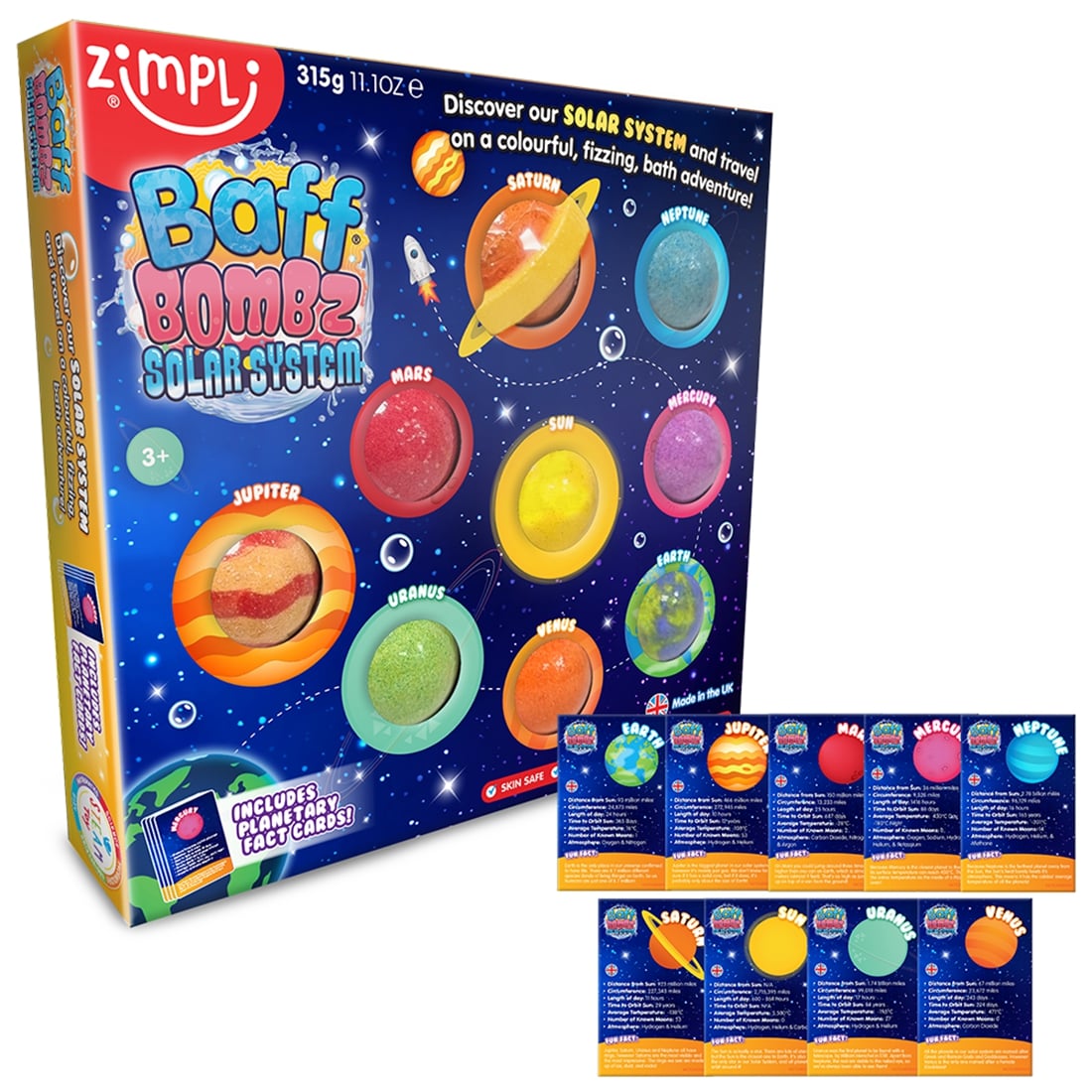 Zimpli Kids - Solar System Planetary Fact Cards - Educational Planet Bath For Kids