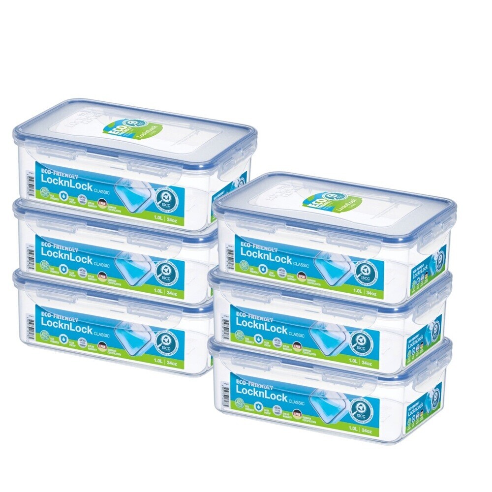 Lock&Lock - Classic Rectangular Food Container Set - Clear/Blue - 6 Pcs - 1 L