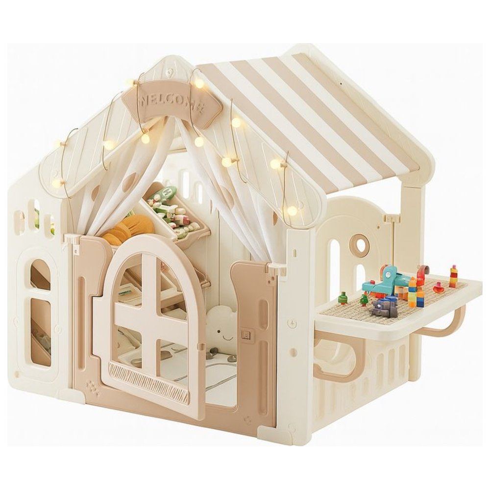 Myts - Kids Indoor Luxury Playhouse Tent With Striped Roof & Activity Table - Beige